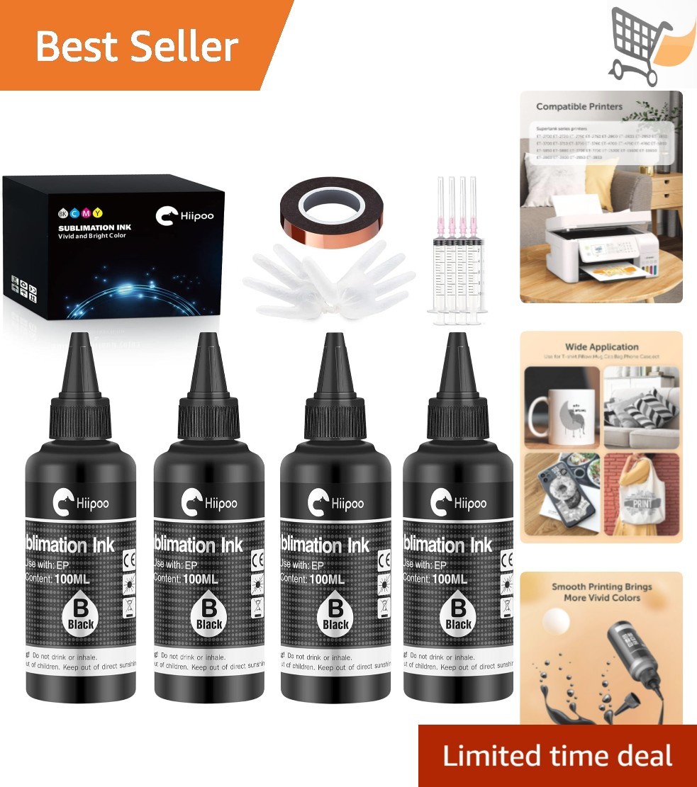 Sublimation Ink Refilled Bottles Water-Based 4x100ml Black for Inkjet Printers