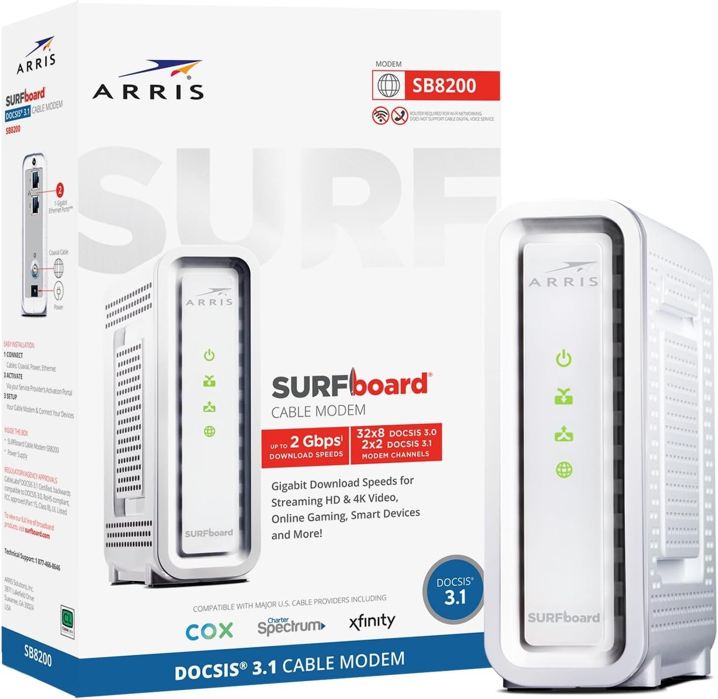 Arris SURFboard SB8200 DOCSIS 3.1 Cable Modem - WHITE (No Power Adapter)