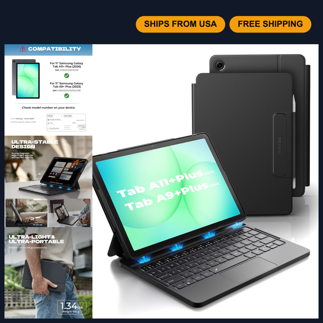 Ultra-Light Keyboard Case for Samsung Galaxy Tab A11+/A9+ Plus - Slim & Durable