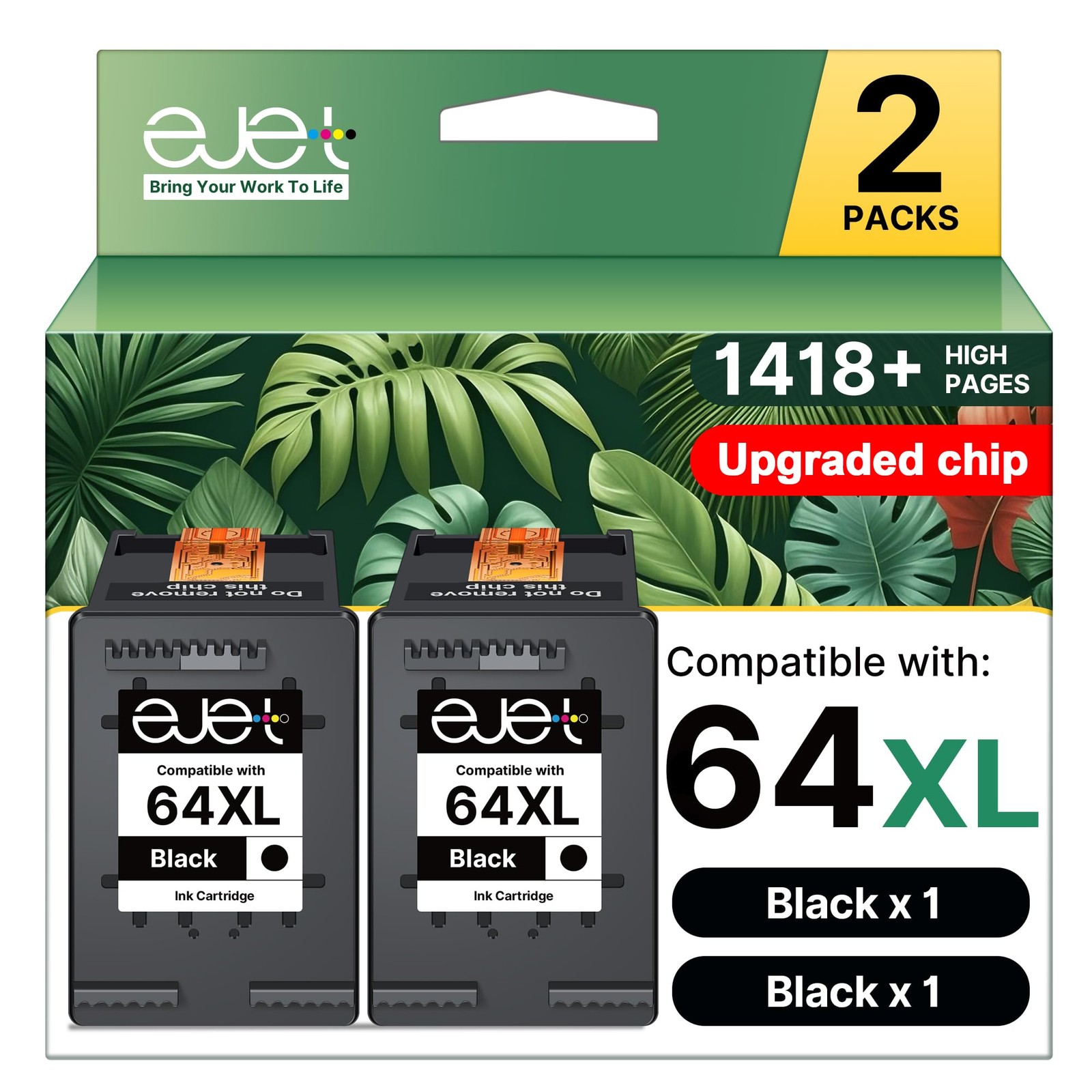 ejet 64XL Black Ink Cartridge 2 Pack for HP Printers