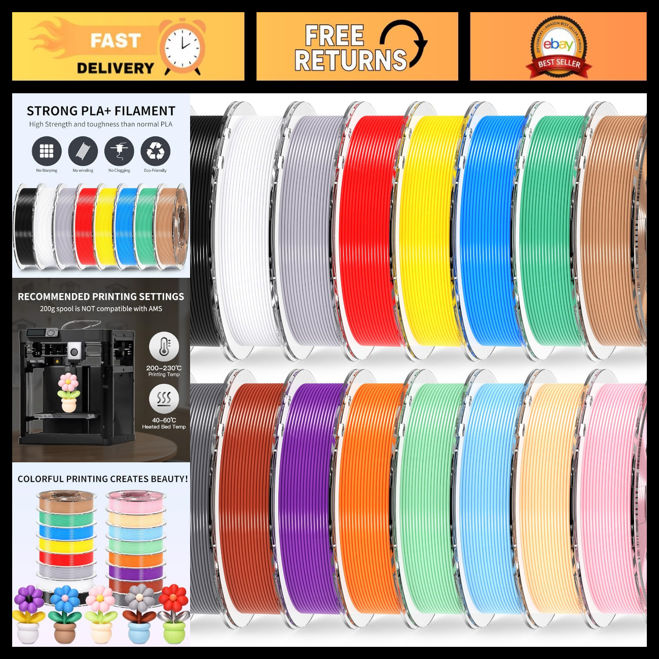 16 Color 200g PLA Plus 3D Printing Filament Bundle, 1.75mm, High Precision +/- 0
