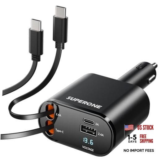 Retractable Car Charger for iPhone with Dual Type C 2 Type-C Cables Black
