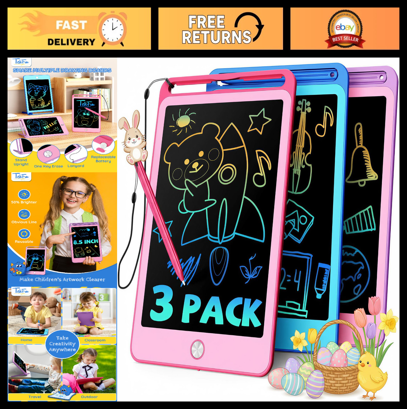 3 Pack LCD Writing Tablet for Kids - 8.5" Doodle Board, Reusable Drawing Pad, La