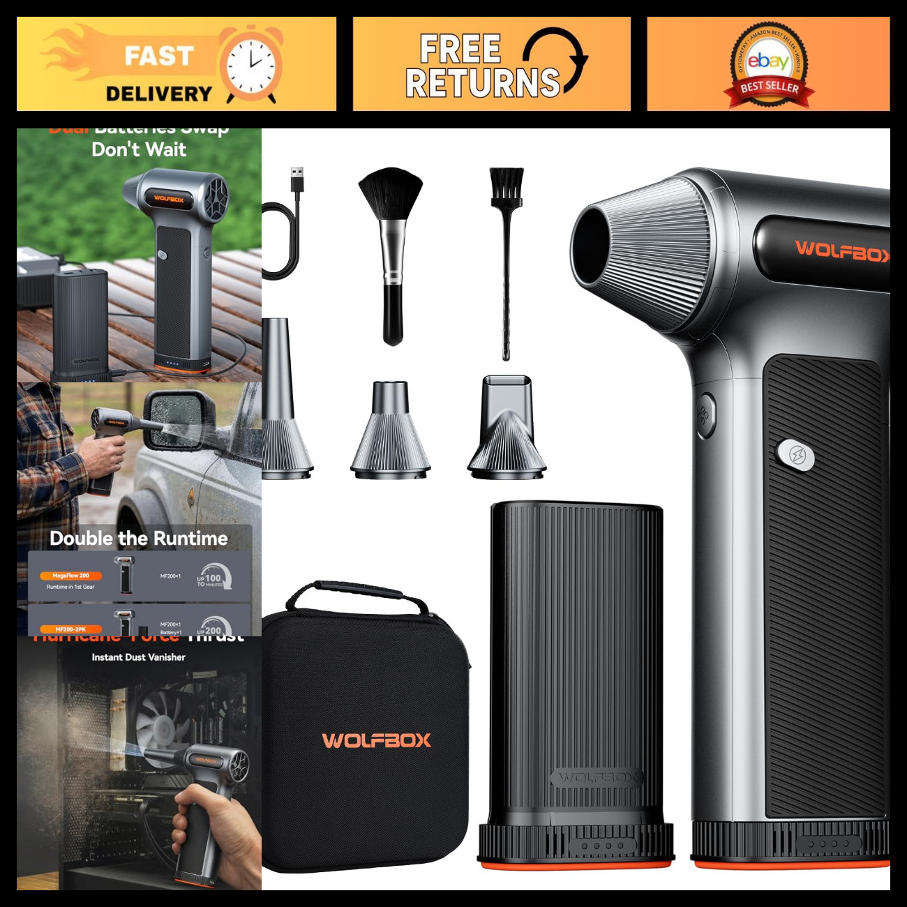 Compressed Air Duster with 2 Swappable Batteries & Carry Case - Cordless Cleaner