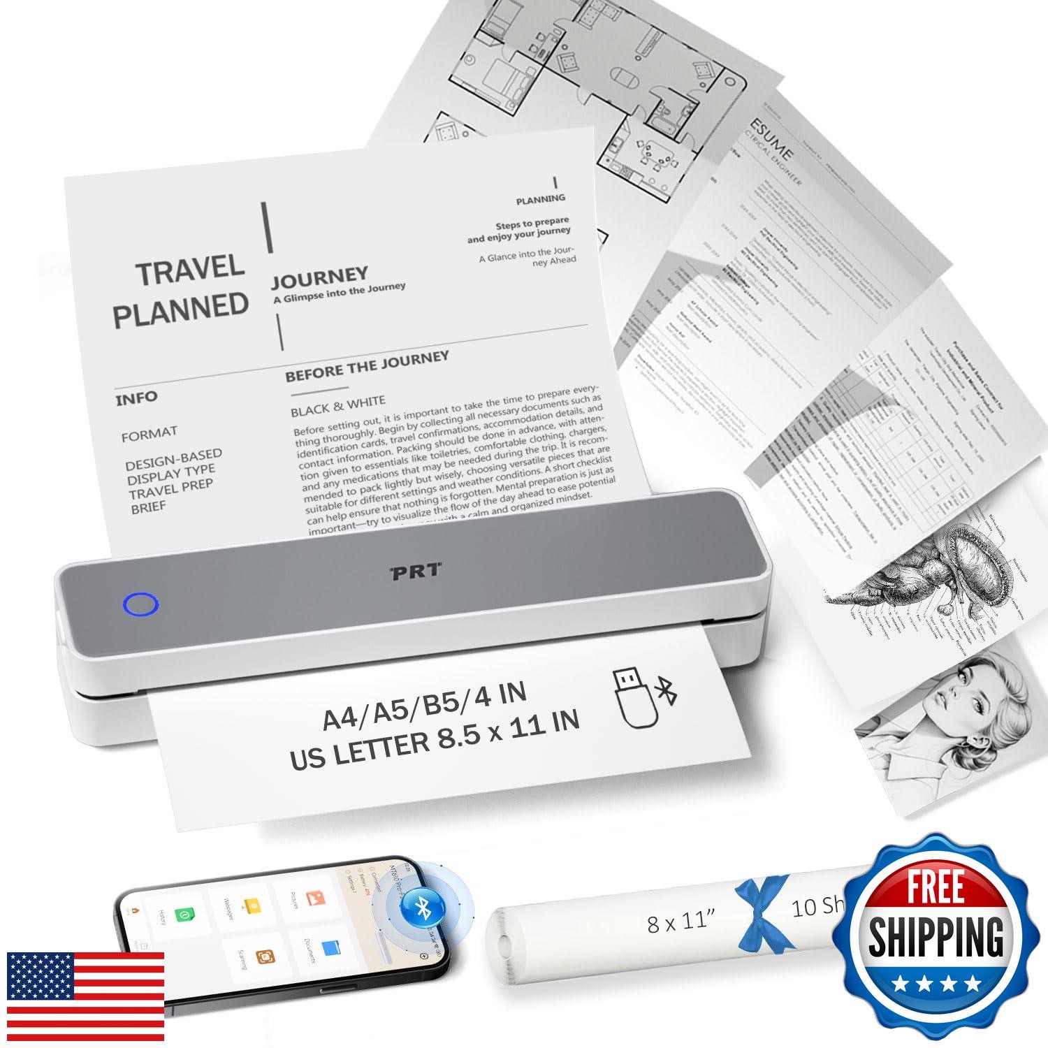 PRT Inkless Portable Printer for Travel, Wireless Thermal Printer Support 8.5