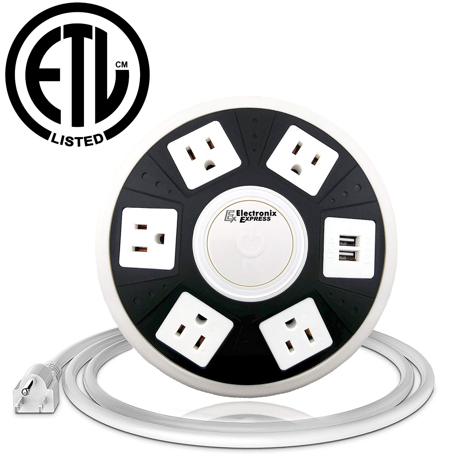 ETL Certified Round Power Strip - 5 Outlets with Surge Protection + 2 USB