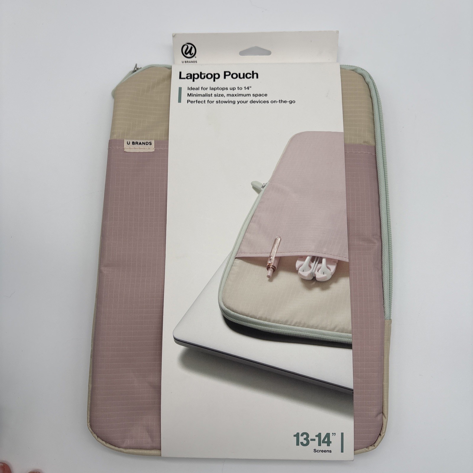 U Brands Pink Beige Grid Pattern Mint Green Zip Laptop Pouch 13-14" Screen NWT