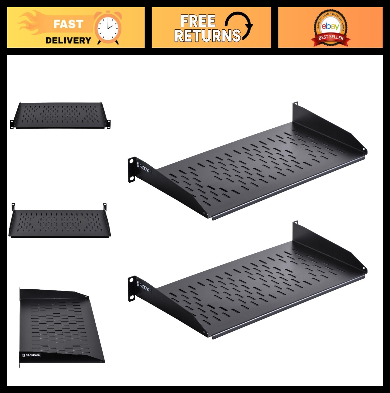 Universal 1U Cantilever Rack Shelf - 10" Deep, 55lbs Capacity, 2-Pack for AV/Net