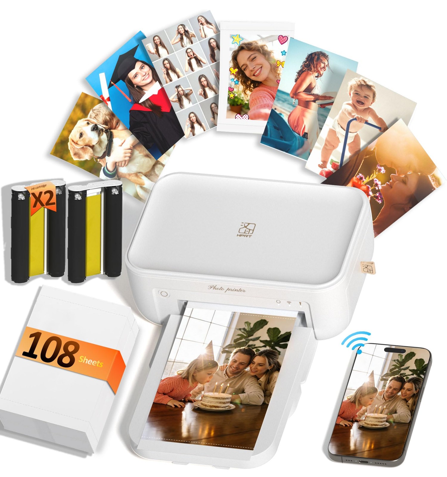 HPRT CP4100 4x6 Photo Printer, White, 108 Sheets + 2 Ribbons
