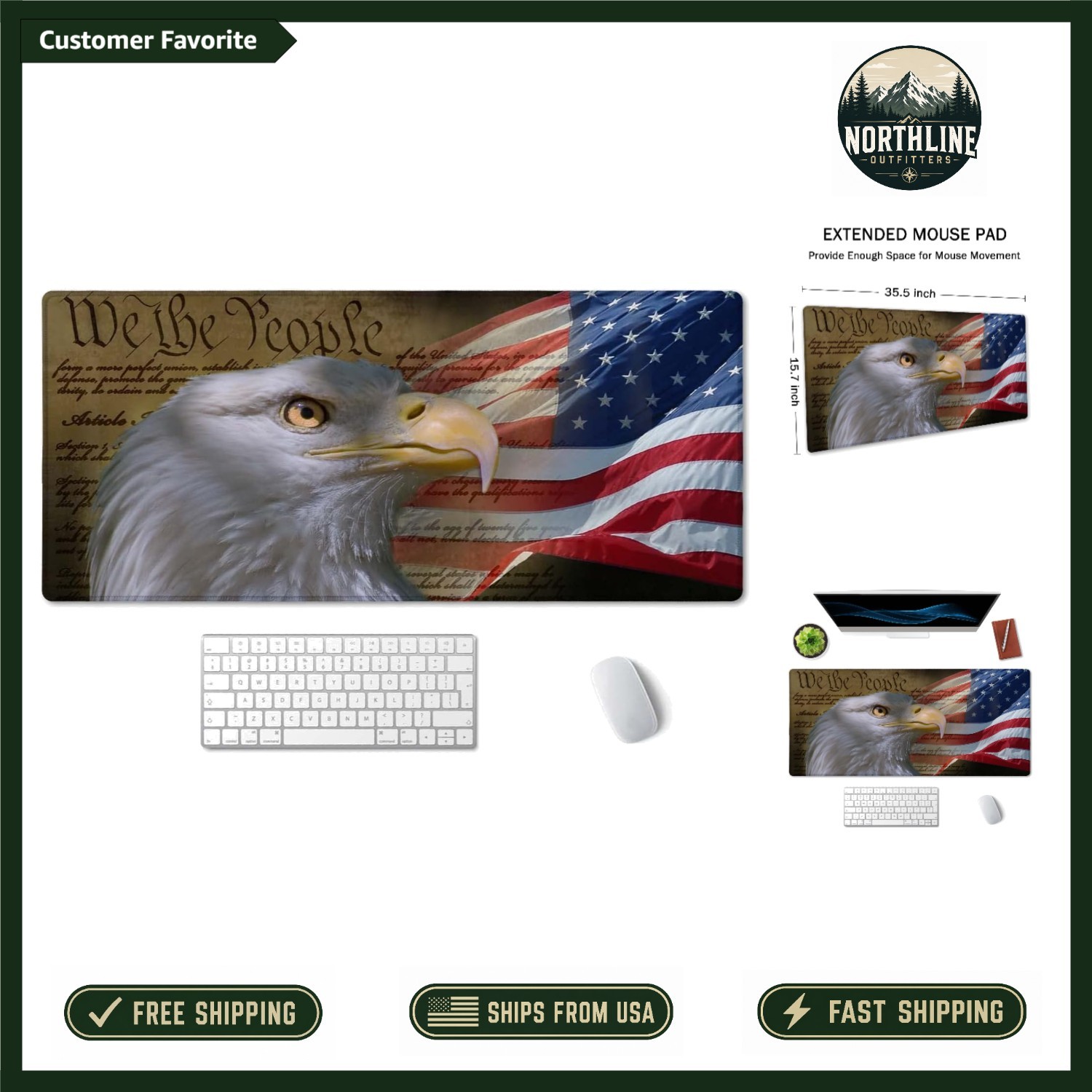 Bald Eagle & American Flag XXL Desk Mat - Non-Slip, Smooth Surface for All Mice