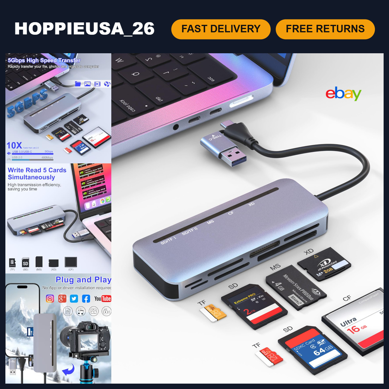 7-in-1 USB-A/USB-C Multi Memory Card Reader for SD/TF/MS/XD/CF Cards, iPhone & A