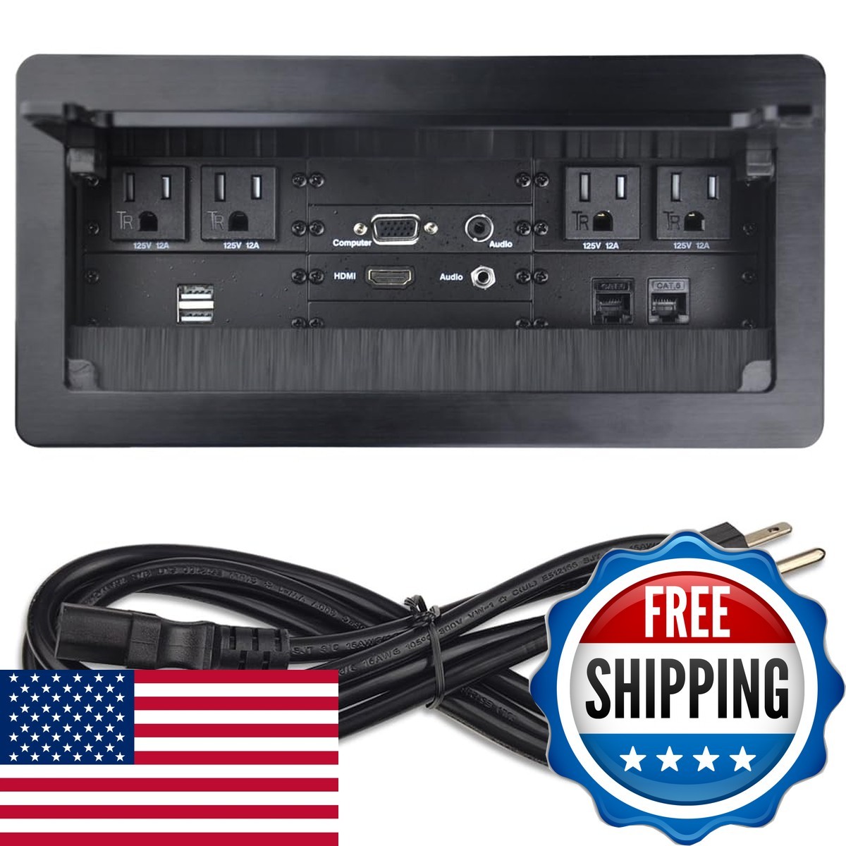 Conference Table Power Brush Connectivity Box 4 AC 2 RJ45 CAT6 VGA HDMI 2 USB