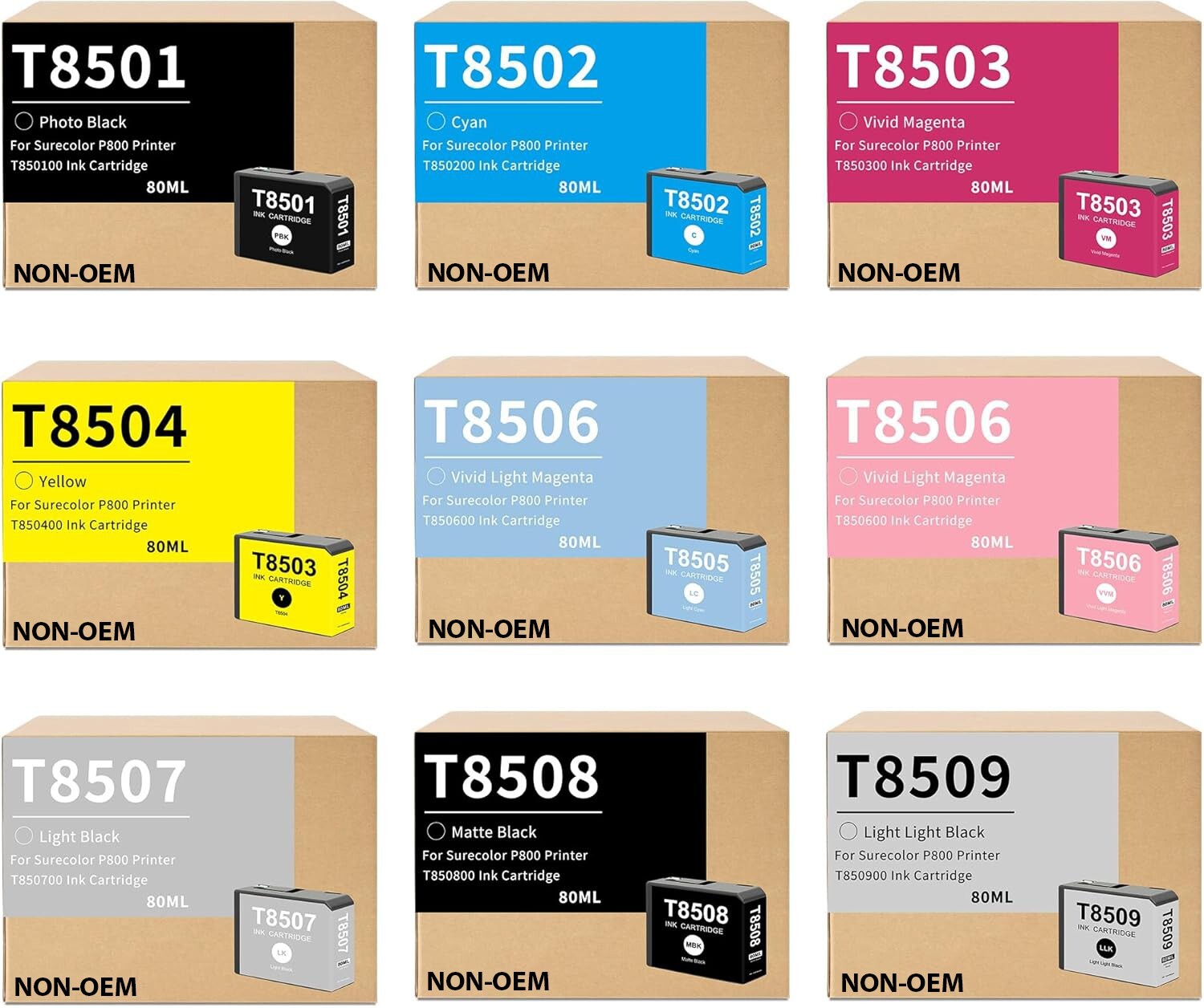 T850 Ink Cartridge (9-Pack, 80ML) for Epson SureColor P800 T85019T8501