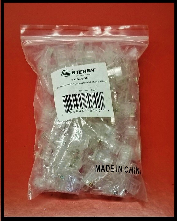 🔴 NeW Bag of 100 Steren Modular 8x8 Round/Solid RJ45 Plug 301-068 💲AVE Bargain