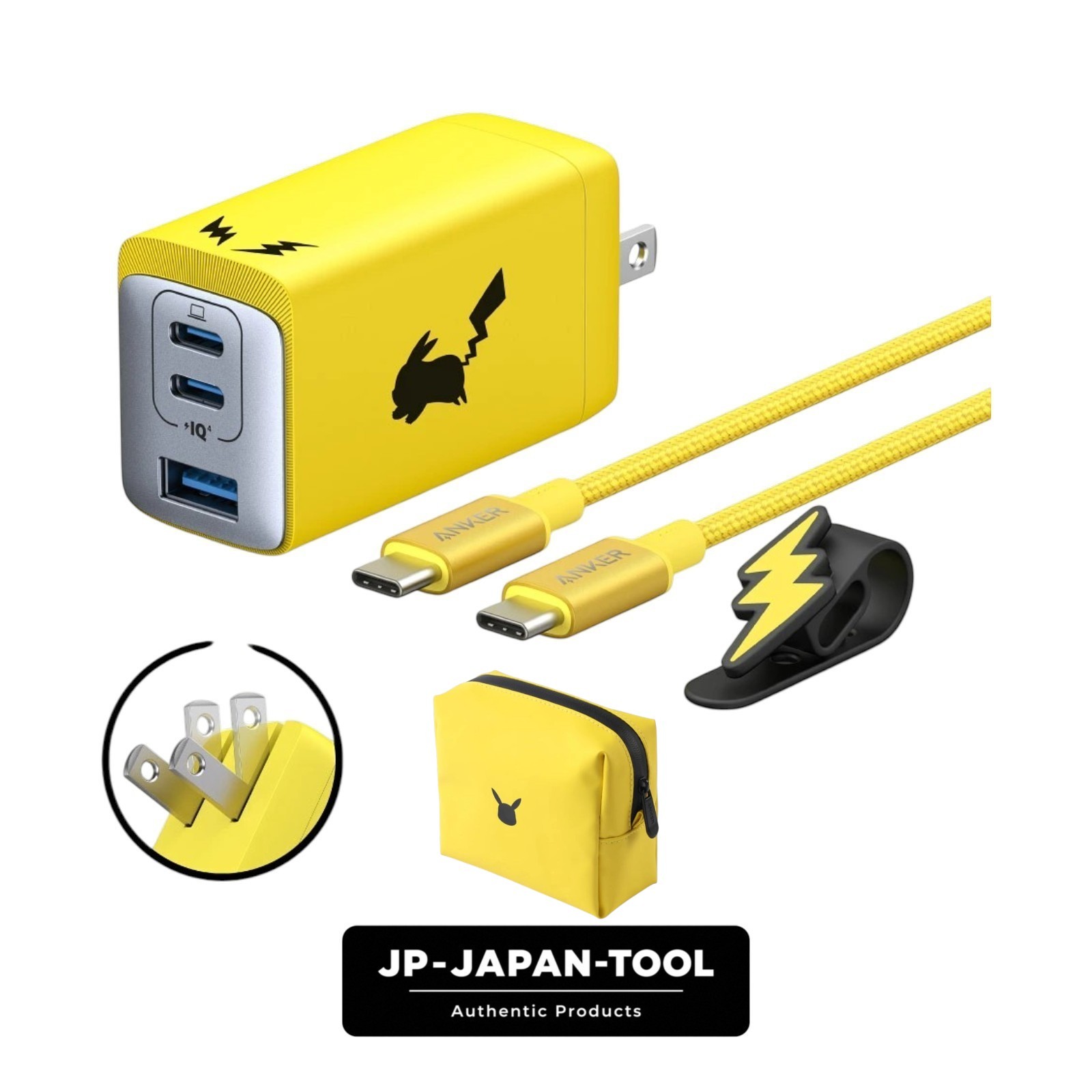 Anker Pokemon Pikachu 65W USB Charger & Compact Pouch 2pc Set Japan New