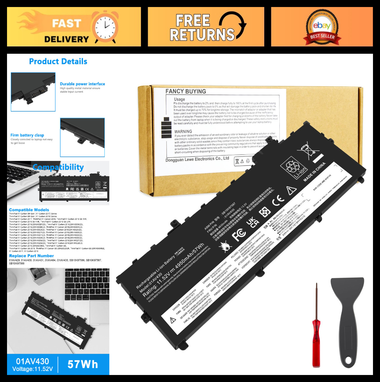 High-Capacity Battery Replacement for Lenovo ThinkPad X1 Carbon 5th/6th Gen 2017