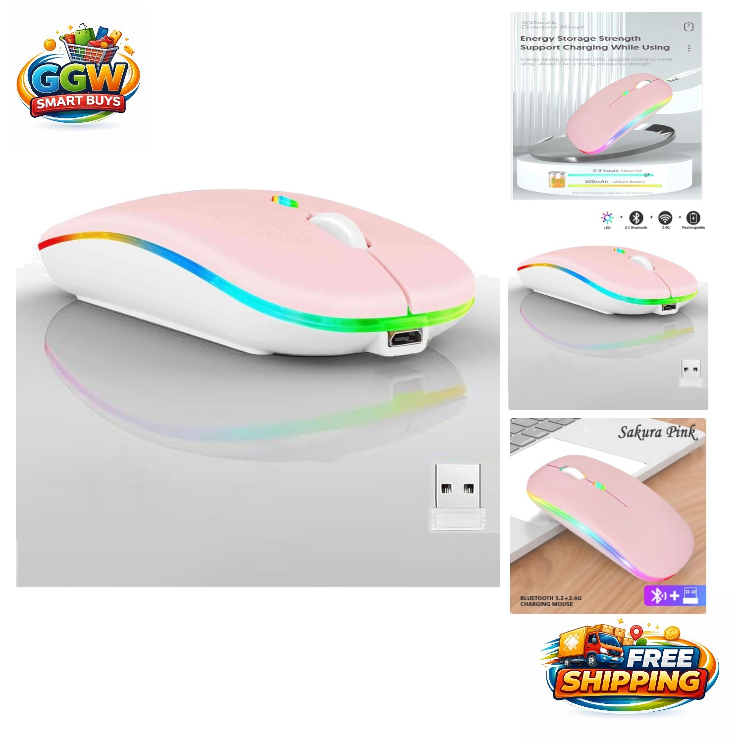 Elegant Dual Mode Wireless Bluetooth Mouse - LED Color Change & Rechargeable