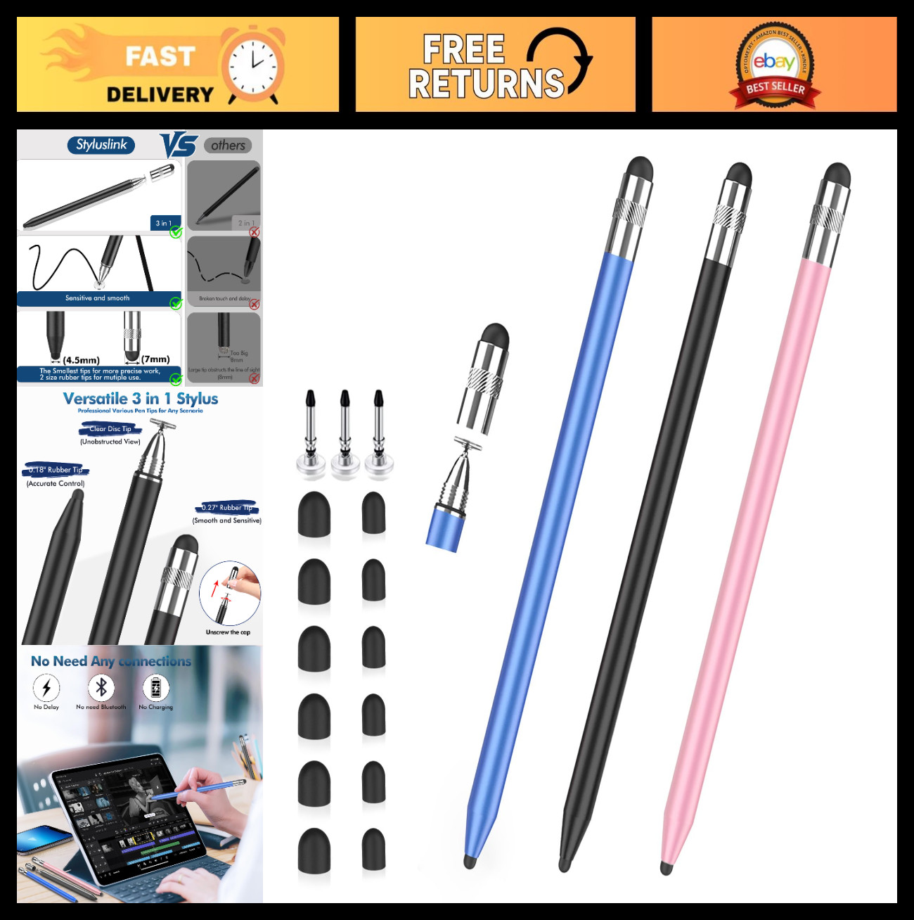 3-in-1 High Precision Stylus Pen for Touchscreen Devices, Metal Barrel, Fine Tip