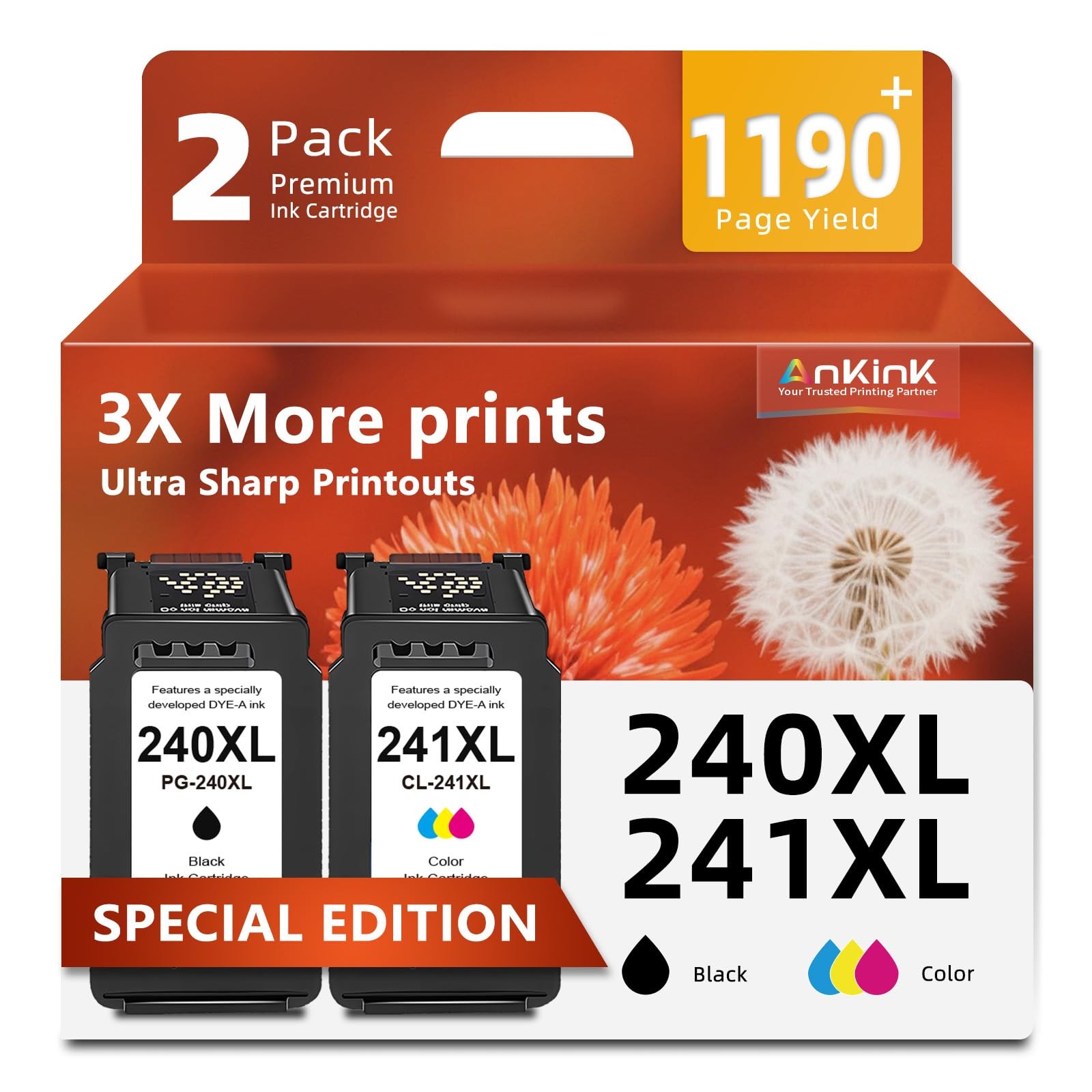 Ankink 240XL 241XL Ink Cartridges Replacement Canon PG-240 CL-241 Combo Pack