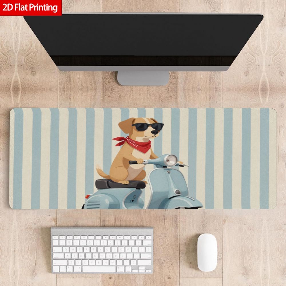 2D Foldable Large Desk Mat Animal Print Dog Riding Scooter Pattern Rubber Desk