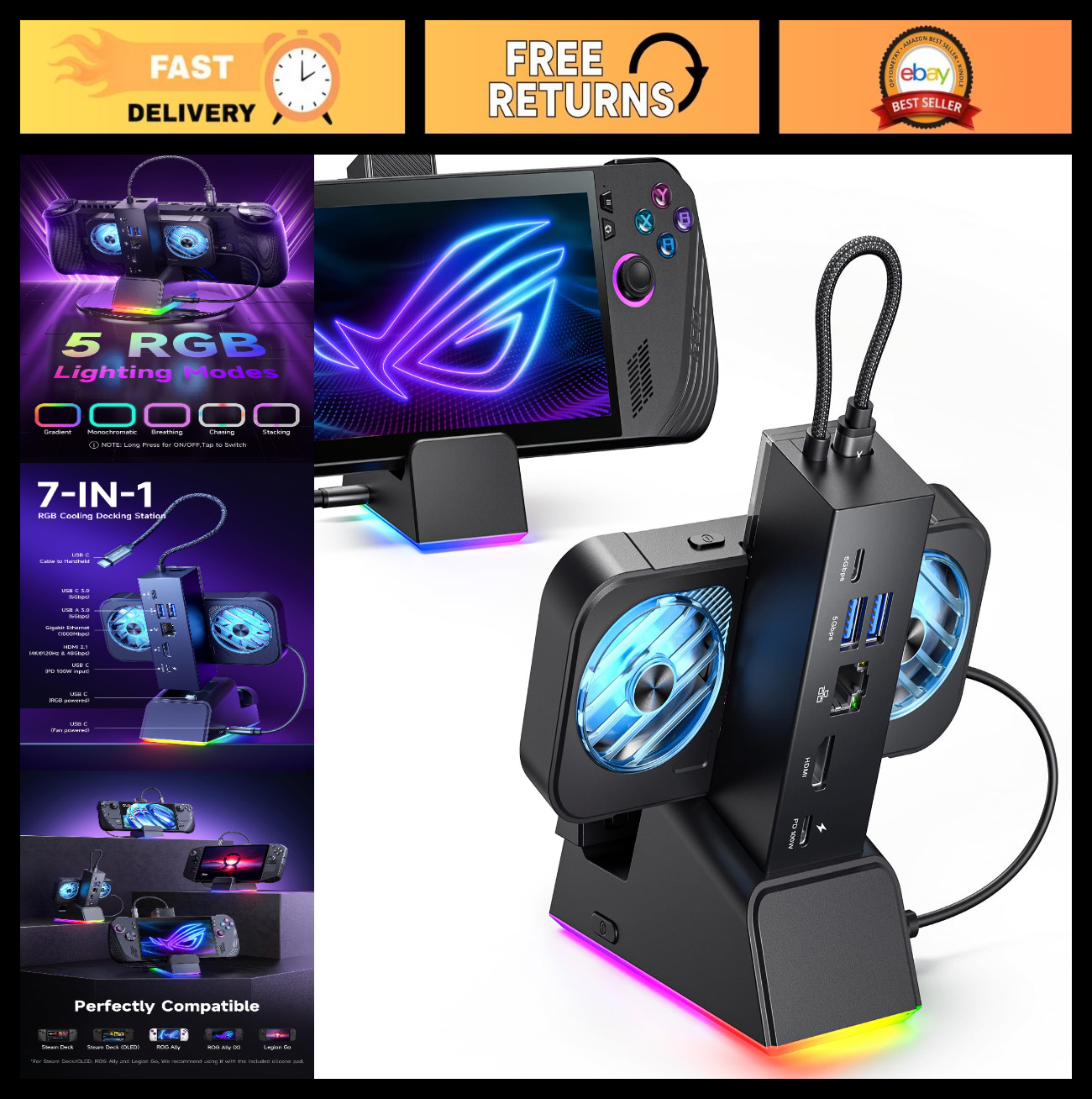 7-in-1 Docking Station for Steam Deck, ROG Ally, Legion Go - 4K HDMI, RGB Fan, U