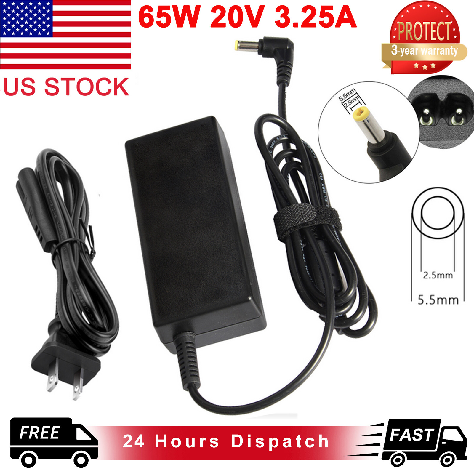 AC Adapter Power Charger for Lenovo IdeaPad Z465 Z470 Z560 Z565 Z570 Z575 65W US