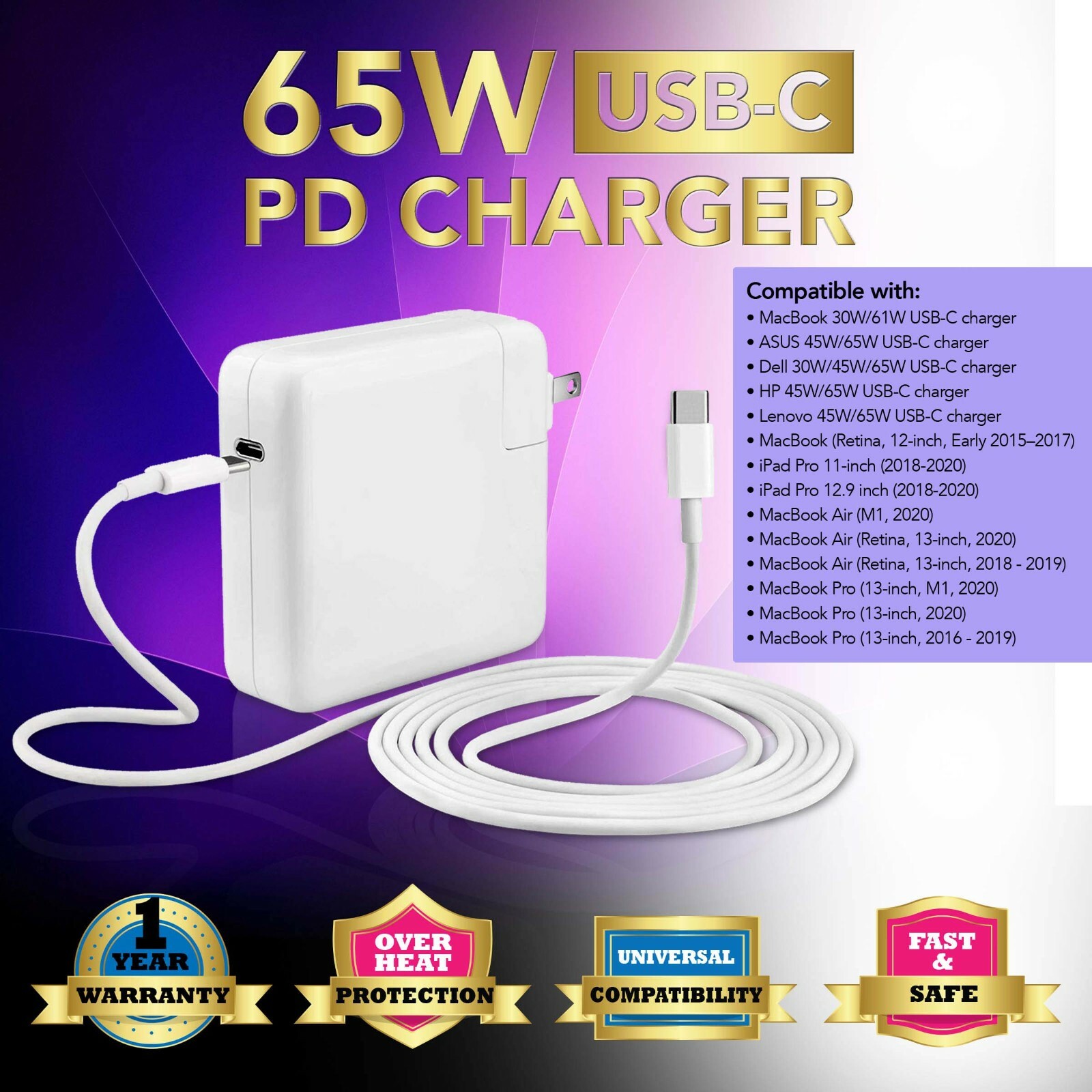65W USB C Type C AC Adapter For MacBook Air Retina, 13-inch, 2018,2019,2020