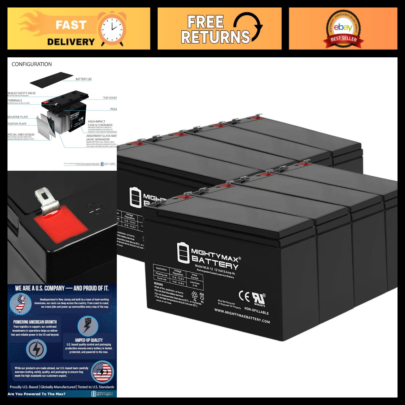 12V 8Ah Rechargeable Battery for APC Back-UPS XS 1300VA LCD - 8 Pack, High Perfo