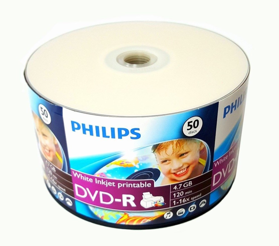 100 PHILIPS Blank 16X DVD-R DVDR White Inkjet Hub Printable 4.7GB Media Disc