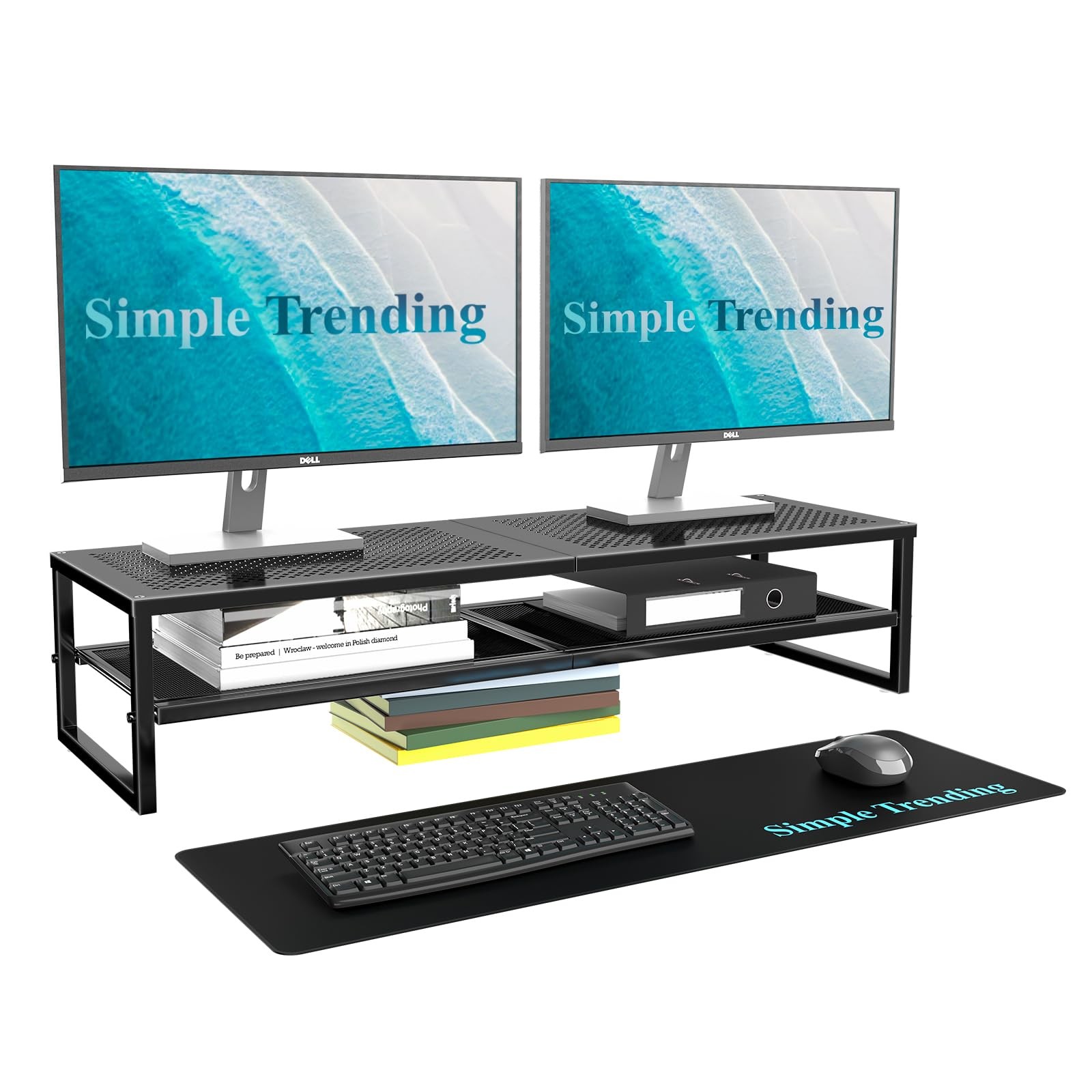 2 Tier Metal Dual Monitor Stand Riser with 32"x10" Mouse Pad, Computer Desk O...