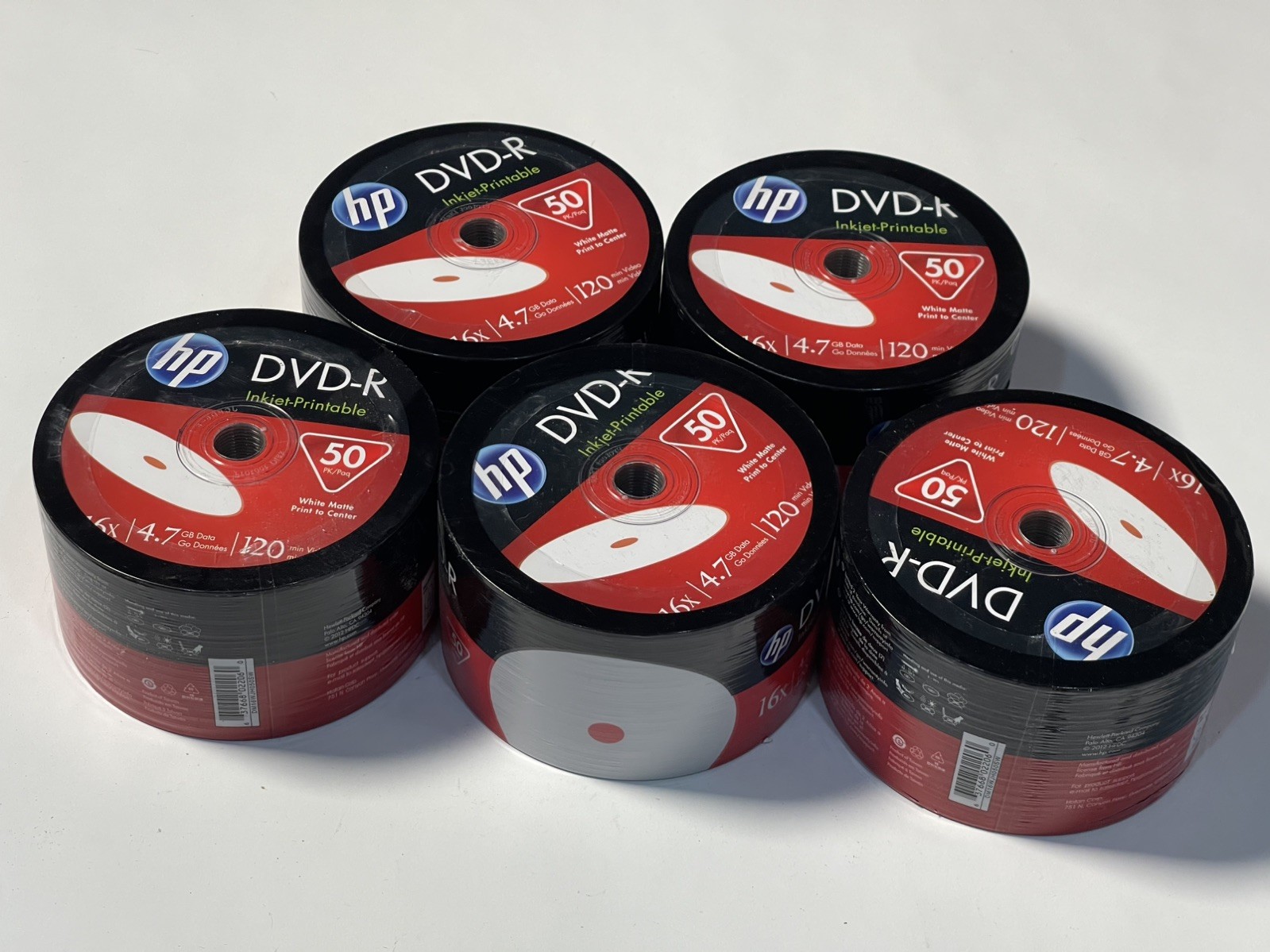 5x HP 50-Pack 16X DVD-R Writable DVD Discs 4.7GB — BULK LOT - NEW