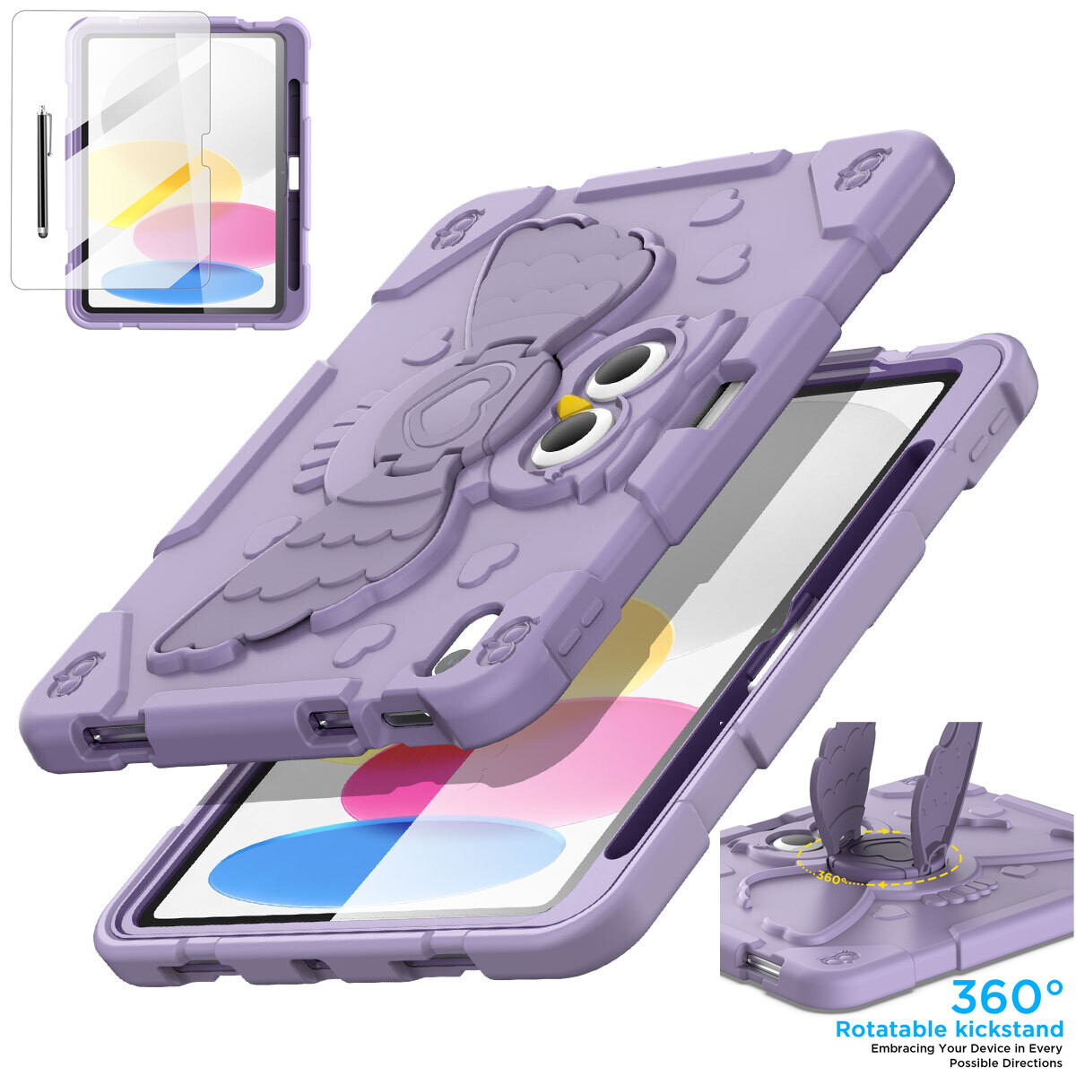For iPad (A16) / iPad 10th Case Owl Pattern Shockproof Rugged Cover 360 Rotating