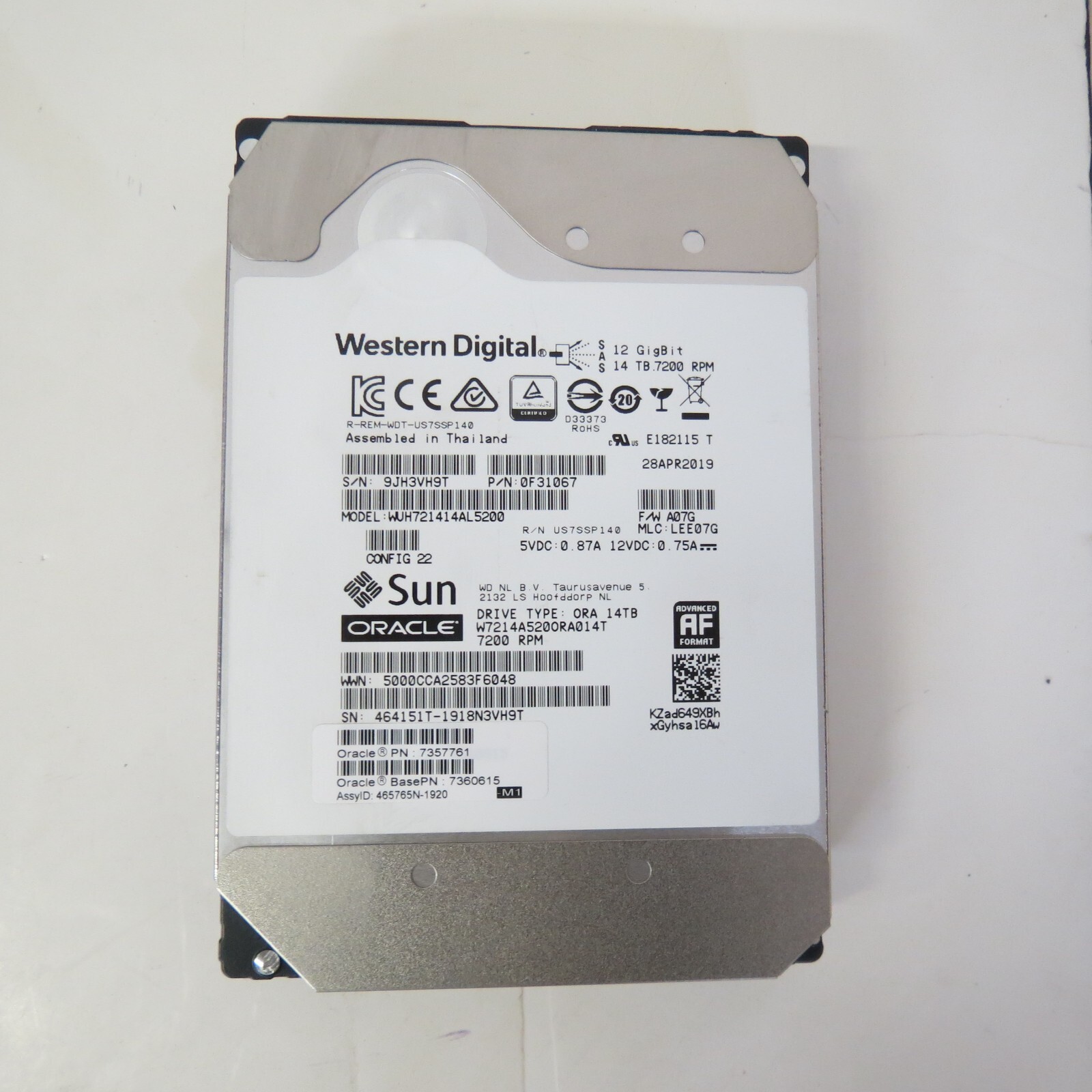 Sun ORACLE 7360615 14.0TB (14TB) 3.5" 7200 RPM 12Gb/Sec SAS HDD WUH721414AL5200