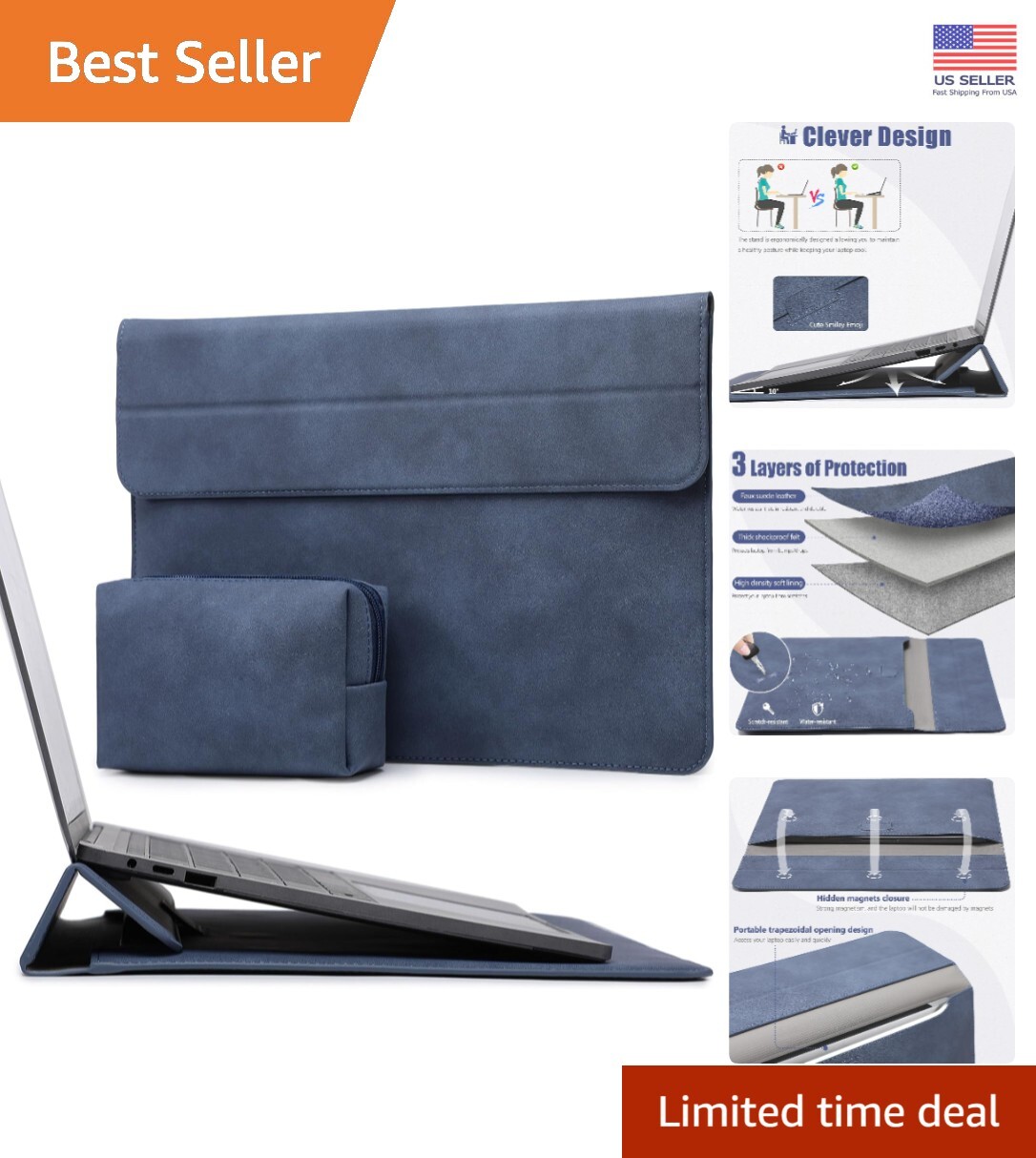 15-Inch Navy Blue Laptop Sleeve with Stand Feature – Slim Fit & Water-Resistant