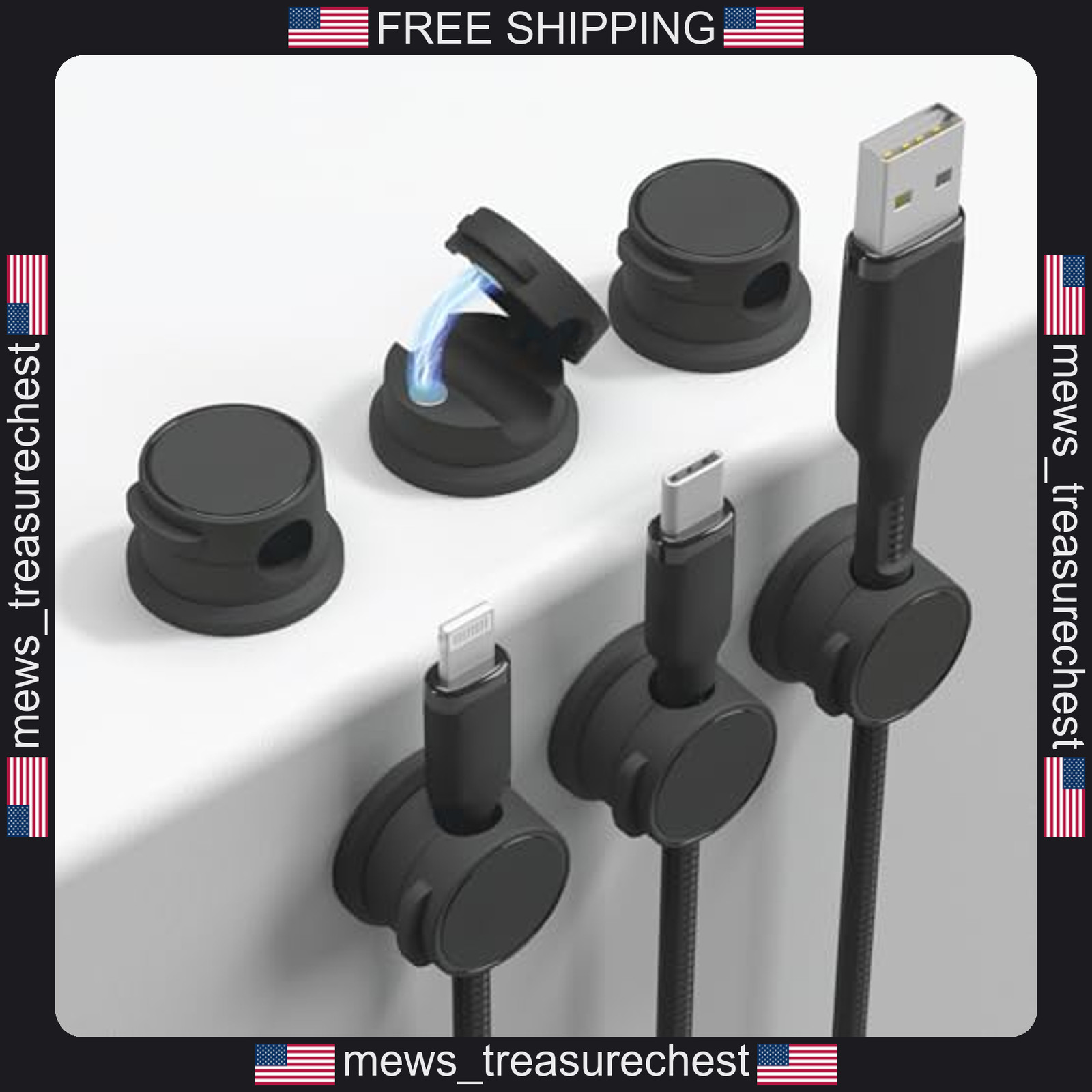 Magnetic Cable Organizer 6-Pack, Black, Compact Cord Holders for USB