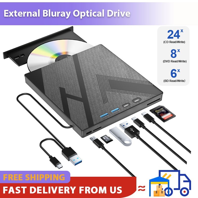 7-in-1 External Blu-ray Drive USB 3.0 Type-C BD CD DVD RW Optical Drive Burner