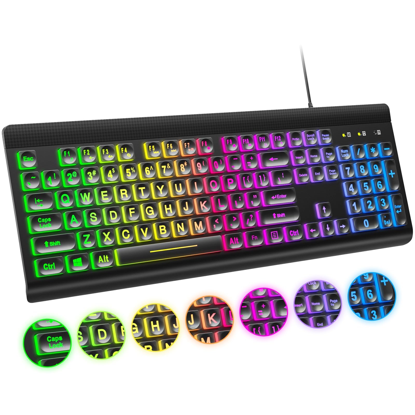 Atelus Large Print Backlit Keyboard, USB Wired Computer Black-Rainbow Light
