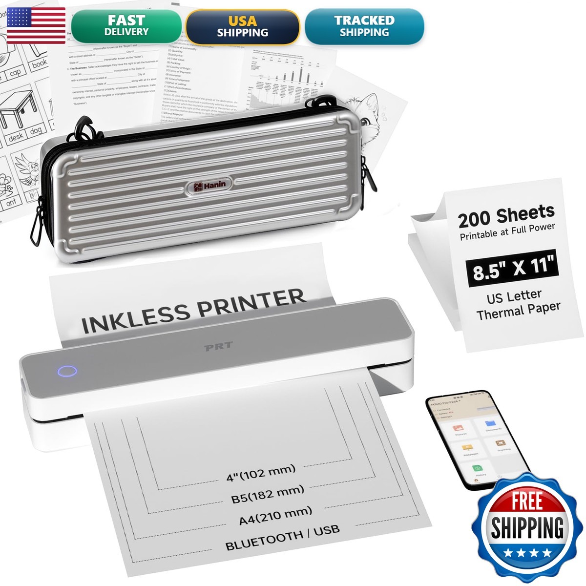 PRT Portable Thermal Printer Carry Case 200 Sheets Thermal Paper