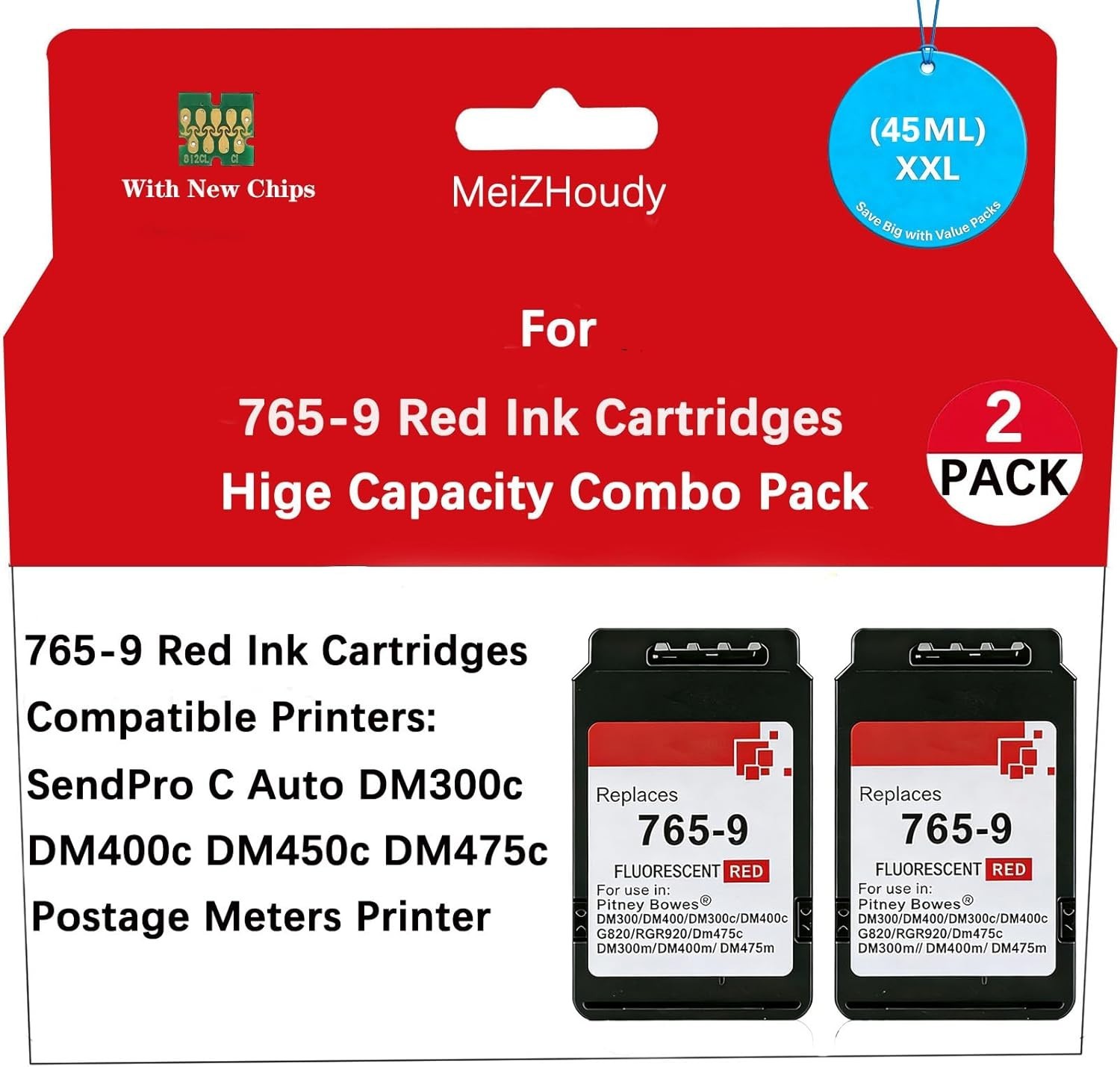 765-9 Red Postage Ink Cartridges 2 Pack Compatible Pitney Bowes SendPro C