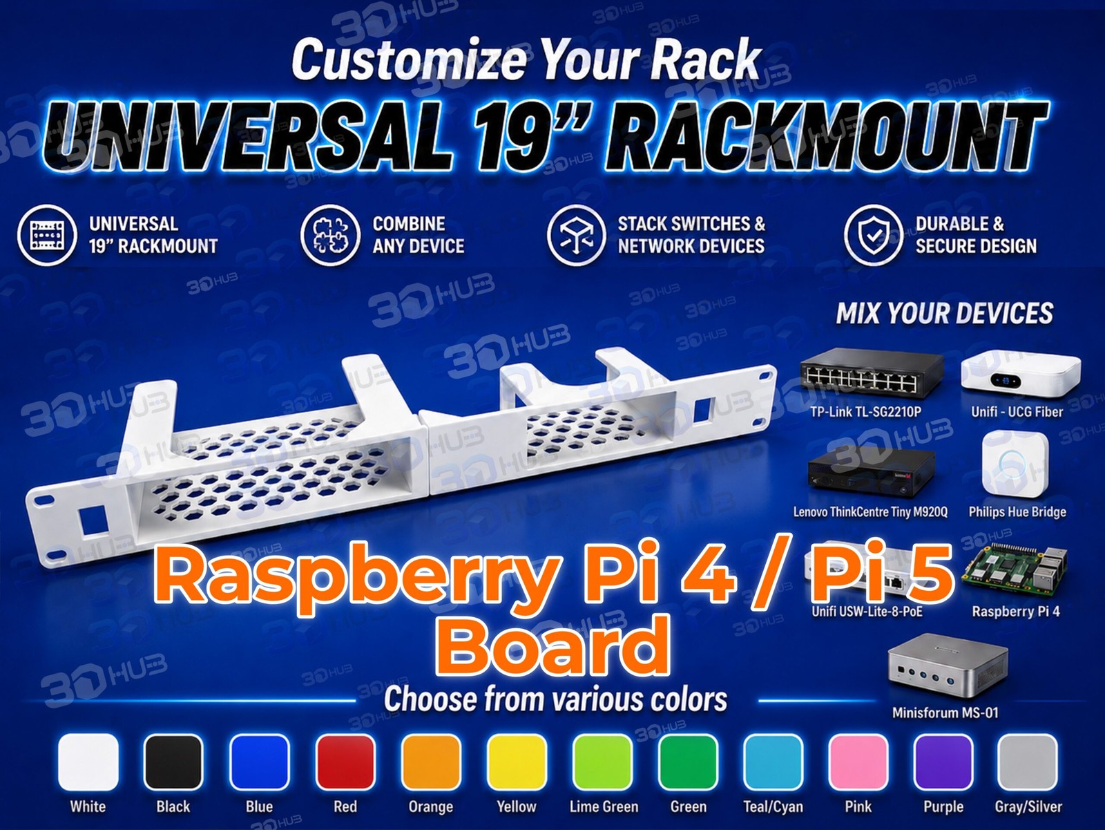 Raspberry Pi 4 / Pi 5 Board 19" Rackmount 1U - Mix & Match with other devices