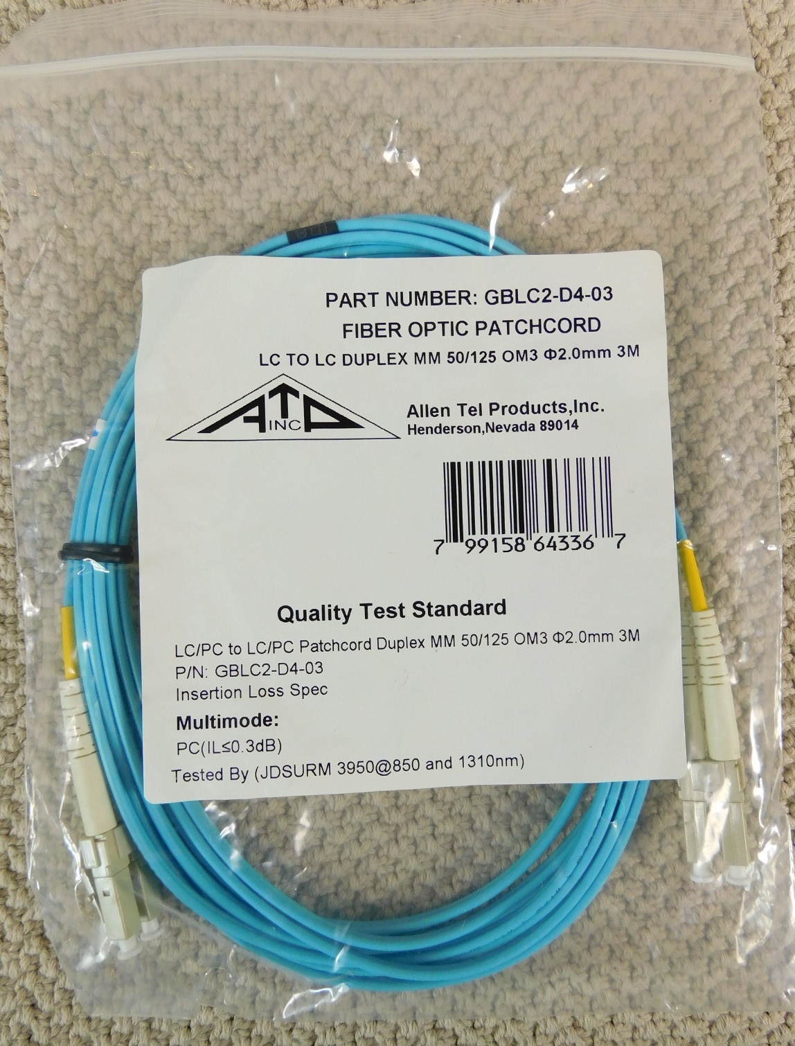 GBLC2-D4-03 LC-LC Allen Tel Fiber Optic Patch Cord MM OM3 Duplex 3 Meters