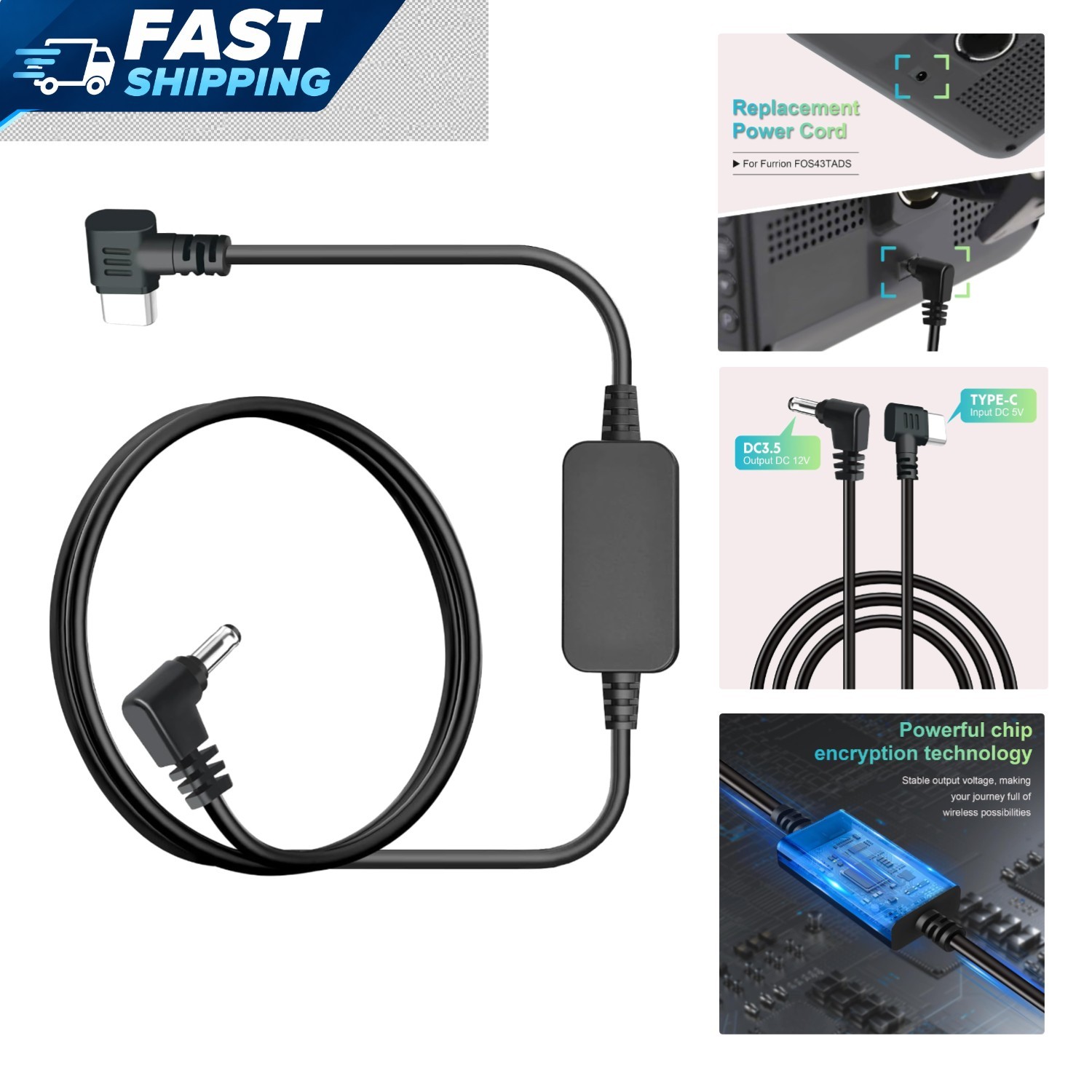 Furrion Vision S Display Power Cable 3.3ft USB-C to DC Replacement for RV Truck