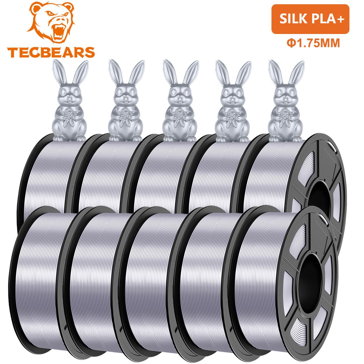 TECBEARS 10KG PLA+ SILK Filament 3D Printer Consumables 1.75mm Knot-Free Silver