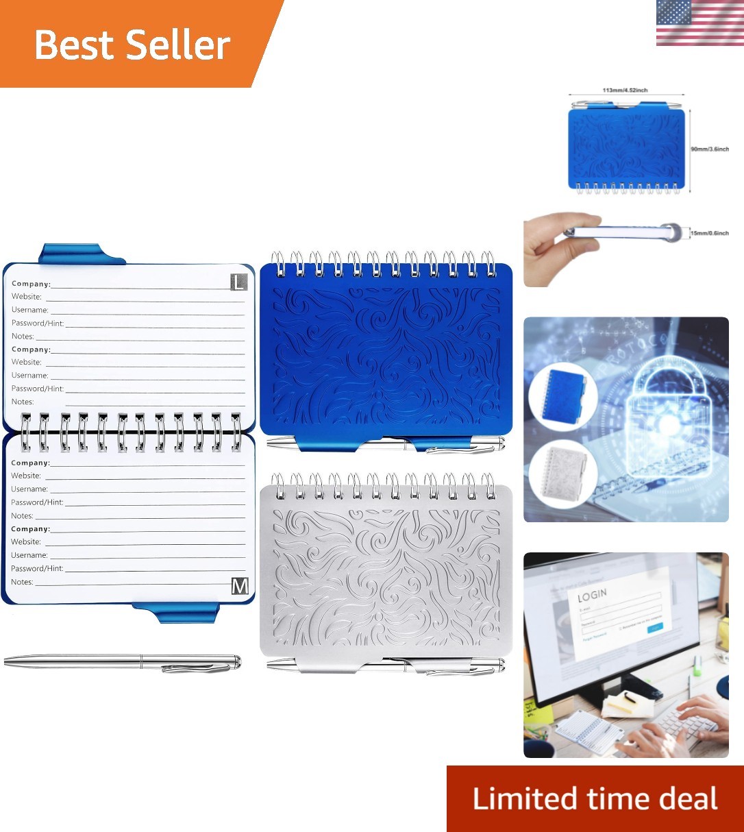 2 Pcs Mini Password Book Keeper with Pen,Silver, Blue