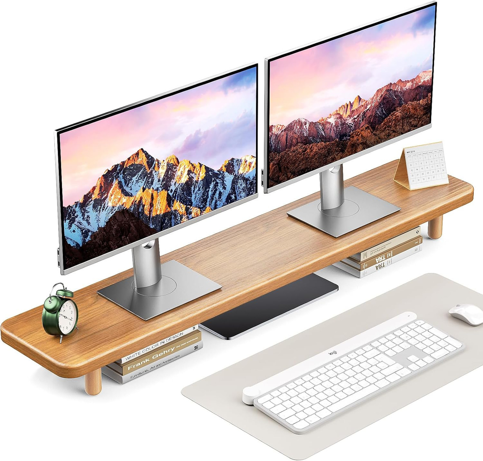 Dual Monitor Stand Riser Wooden 39 Inch Long Desk Shelf Organizer for 2 Screens