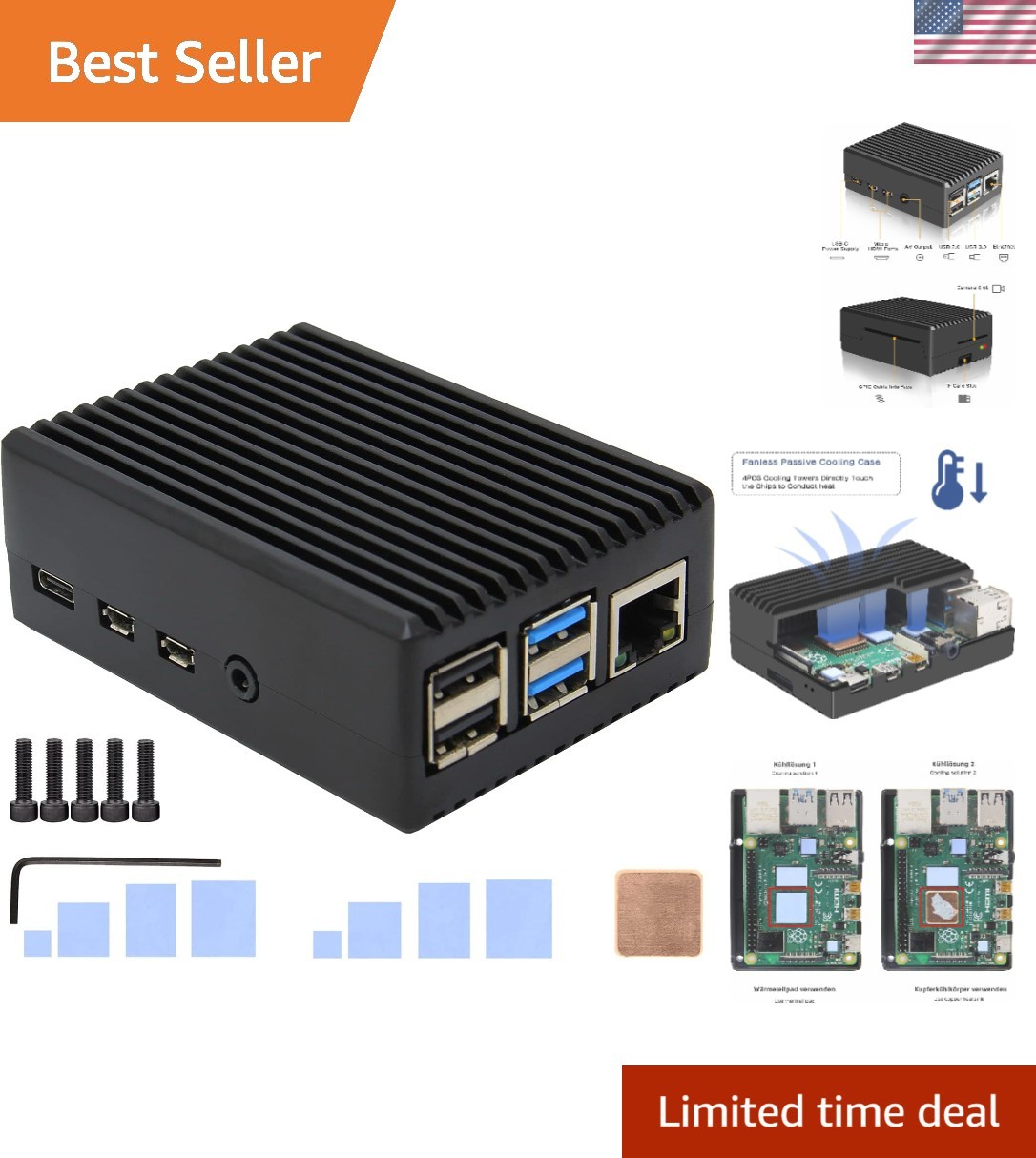 Sleek Aluminum Passive Cooling Case for Raspberry Pi 4 - Lightweight & Durable