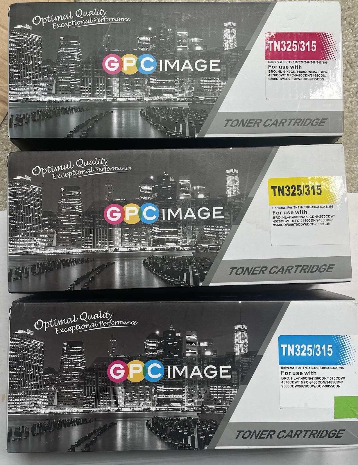Three GPC Image TN325/315Laser TonerCartridges:  (1)Yellow, (1)Cyan (1)Magenta
