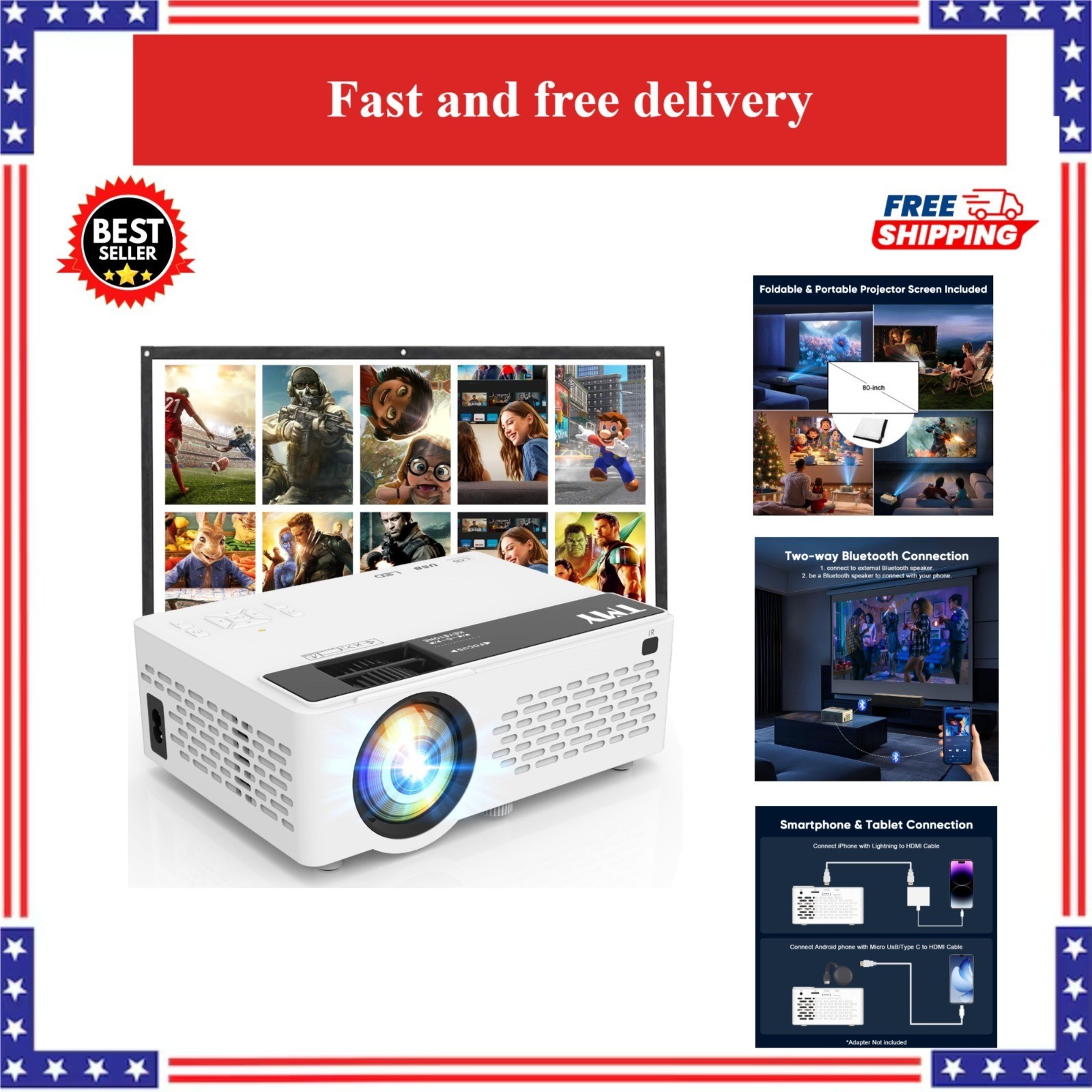 TMY 1080P Full HD Portable Mini Projector with Screen