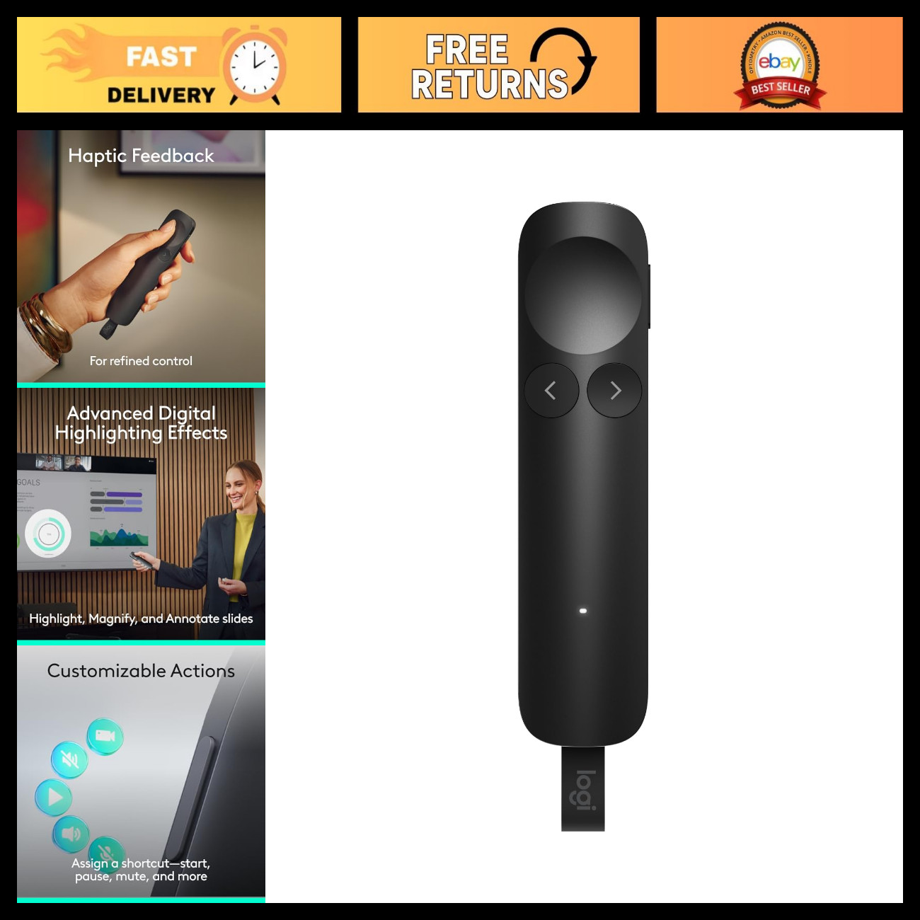 Wireless Presentation Remote Clicker with Haptic Feedback - Black, Ideal for Pre