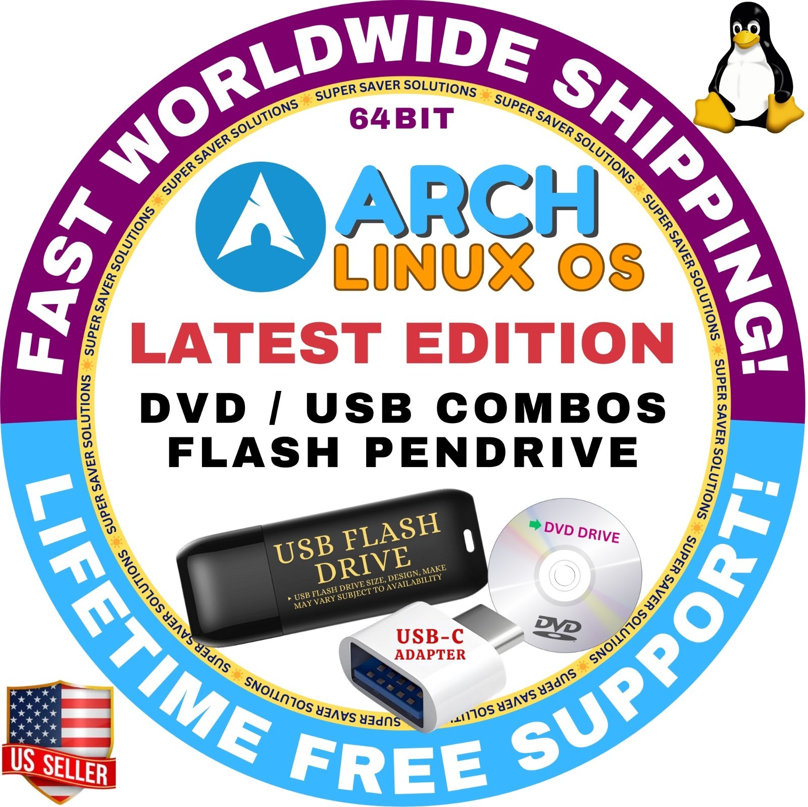 ARCH LINUX OS LATEST BUILD DVD/USB COMBOS, FAST SHIPPING